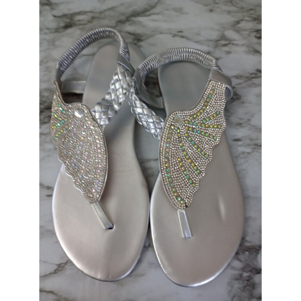 Silver Rhinestone Wing Flat Sandals Shoes Size 11